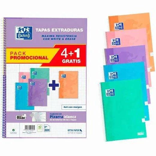 Cuadernos Espiral Oxford Classic Write & Erase con Pizarra Blanca y Tapas Extraduras - 5 de Formato Folio Cuadriculado 4x4mm - 80 Hojas - Colores - 1