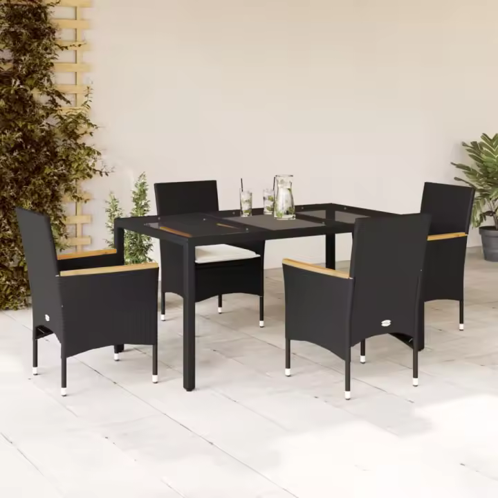 vidaXL Set comedor jardín 5 pzas cojines ratán sintético vidrio negro - 1