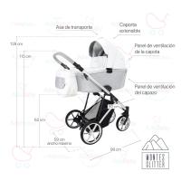 Carrito Montes Blanco Glitter Plata 2 piezas AdaBaby, Dos piezas: capazo y silleta, Bolso, cobertura de lluvia, mosquitera, botellero y cubrepiés, Silleta hasta 22kg, plegable con el chasis en ambos sentidos, Tejidos de ecopiel y capotas de brillo - details 0