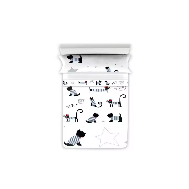 Manterol Outlet - Juego de sábanas cubre decora perros y gatos. Calidad 100% Algodón satén de 200 hilos. Incluye bajera ajustable, encimera y fundas de almohada. Sábana de verano con diseño de animales cama de 90. Transpirables y duraderas. - 1