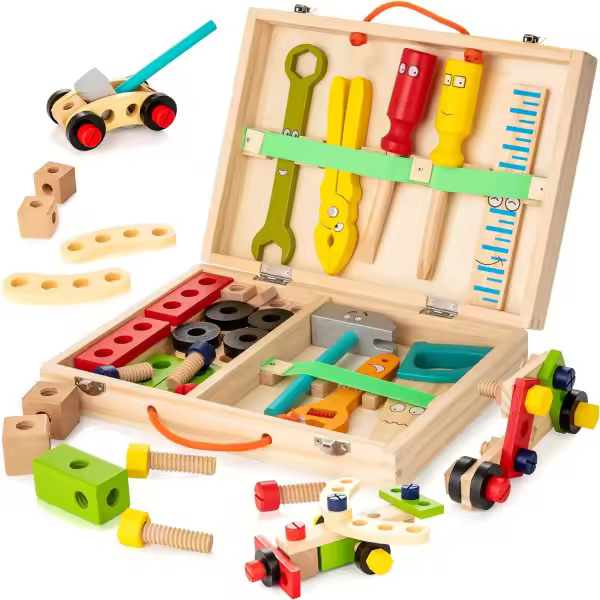 Juego de herramientas para niños, 36 piezas de herramientas de madera para niños pequeños Incluye caja de herramientas, juguetes de construcción de tallo educativo Montessori para 2 3 4 5 6 años de edad G - 1
