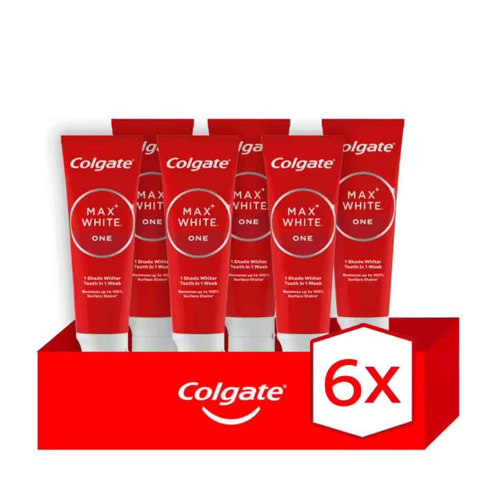 Pasta de dientes blanqueadora Colgate Max White One 75ml Pack de 6 | Dientes Blancos en 1 Semana con Fórmula Acelerada. Consigue una sonrisa brillante y protegida. - 1