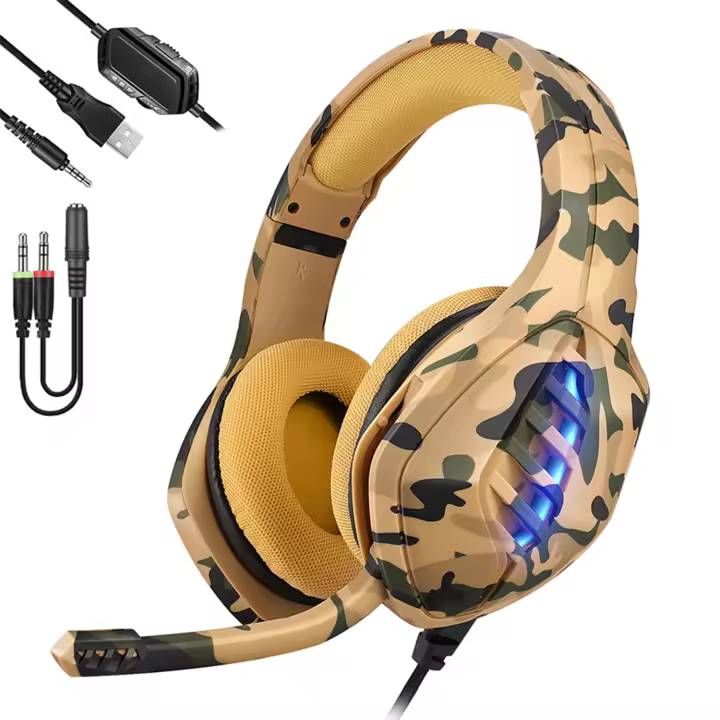 DAM Headset J1 Ultra-Flexible Premium con 15 full led RB. Auriculares gaming con micro, conexión minijack para PC, portátil, PS4, Xbox One, móvil, tablet. Cancelación de micrófono. 20x9x17 Cm. Color: Camuflaje Marrón - 1