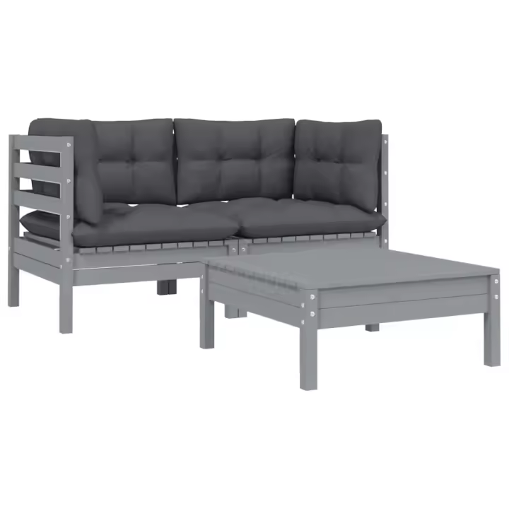 vidaXL Juego de muebles de jardín 3 pzas y cojines madera pino Marrón y gris, Natural y crema, Blanco Conjunto Terraza Muebles Jardín Exterior Juego de Muebles de jardín Mueble Jardín Exterior Muebles de Salon Exterior - 1