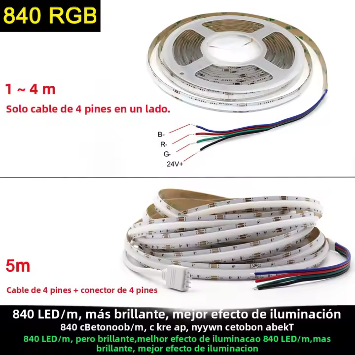 Tira De LED Flexible RGBCCT RGBW RGB COB 12V 24V 576 768 840 LEDs/m Para Decoración De Hogar Sin Puntos Coloridos Y Dotless - 1