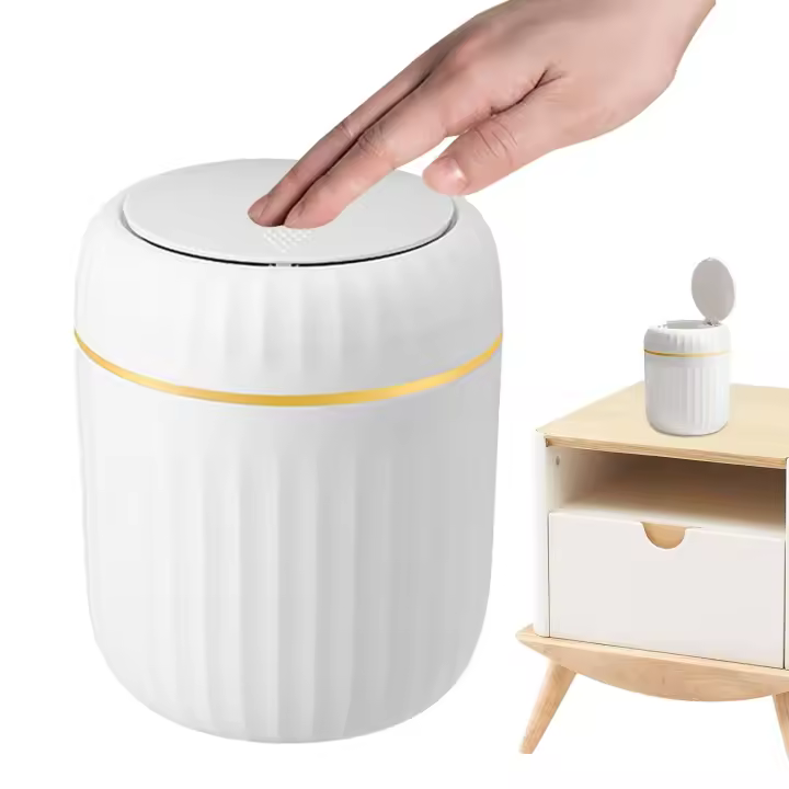 Pequeño bote de basura, bote de basura de escritorio,Presione el cubo de basura para debajo de las mesas | Papelera de mesa de lujo ligera con tapa, papelera creativa para dormitorio, mesita - 1