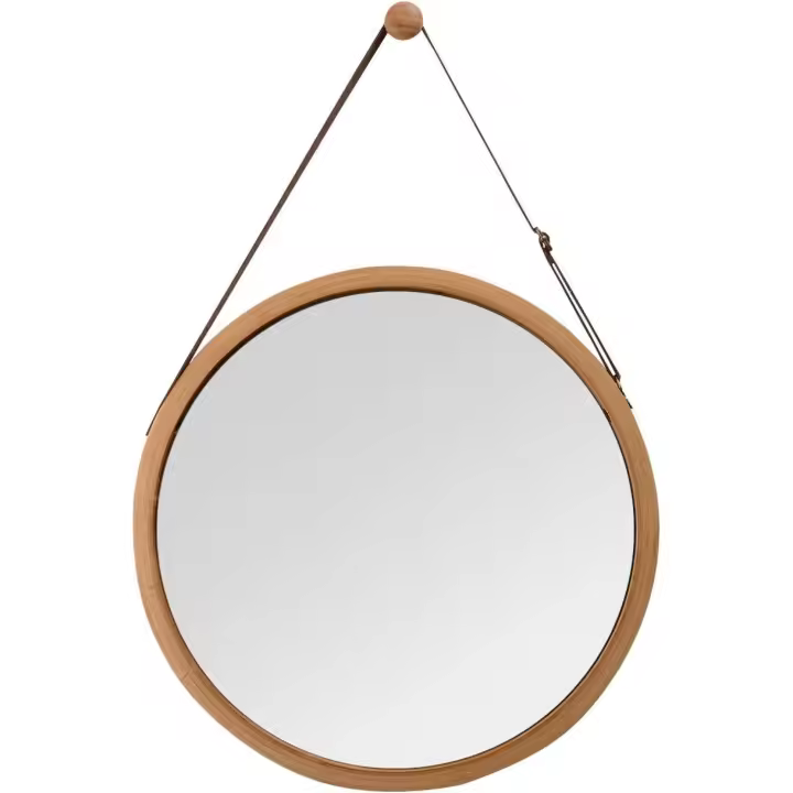 Espejo de pared redondo con correa de cuero ajustable, espejo de baño, Bambú, marrón, 38 cm - 1