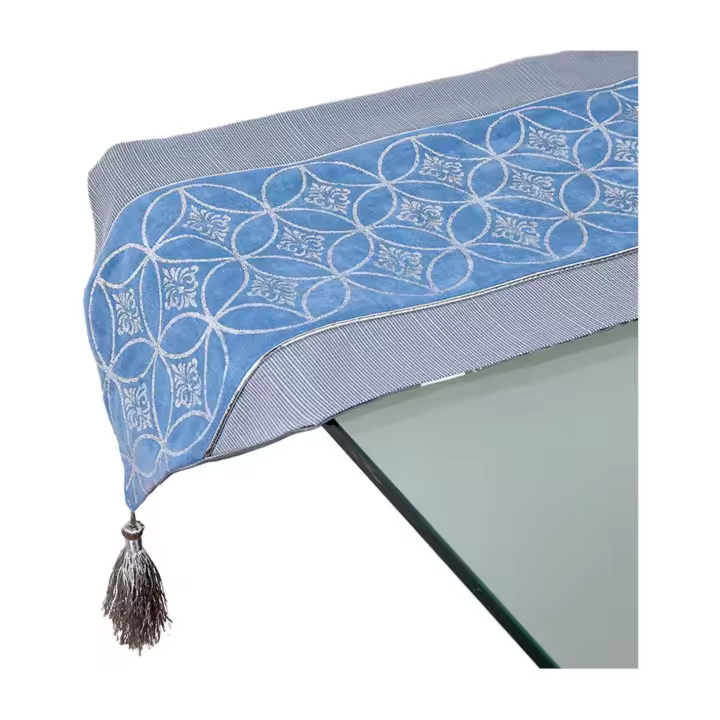 Camino de Mesa Gris con Diseño de Círculo y Banda Azul y Plata de Poliéster de 30x180 para Decorar Hogar o Negocio - 1