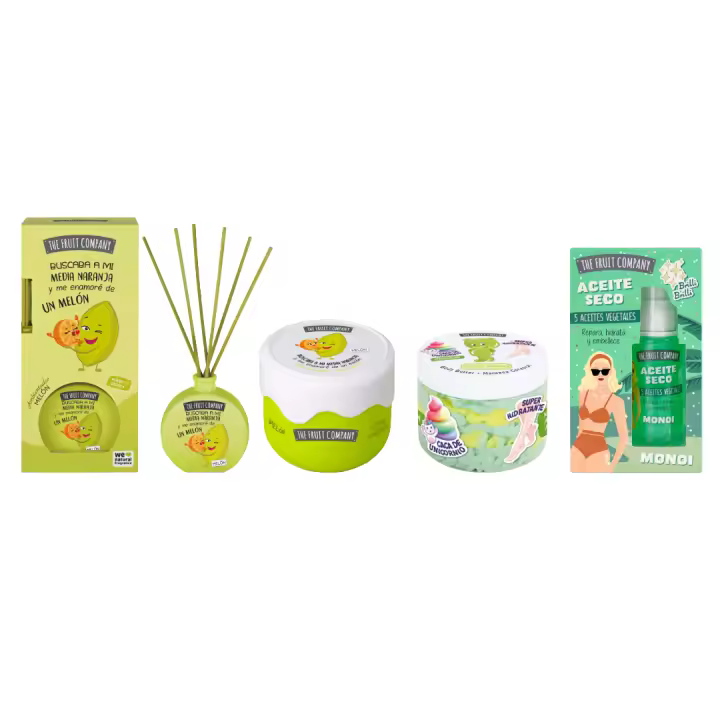 The Fruit Company - Ambientador mikado 40ml - Manteca corporal 250ml - Crema corporal de melón 200ml - Aceite seco Monoi 50ml - 1