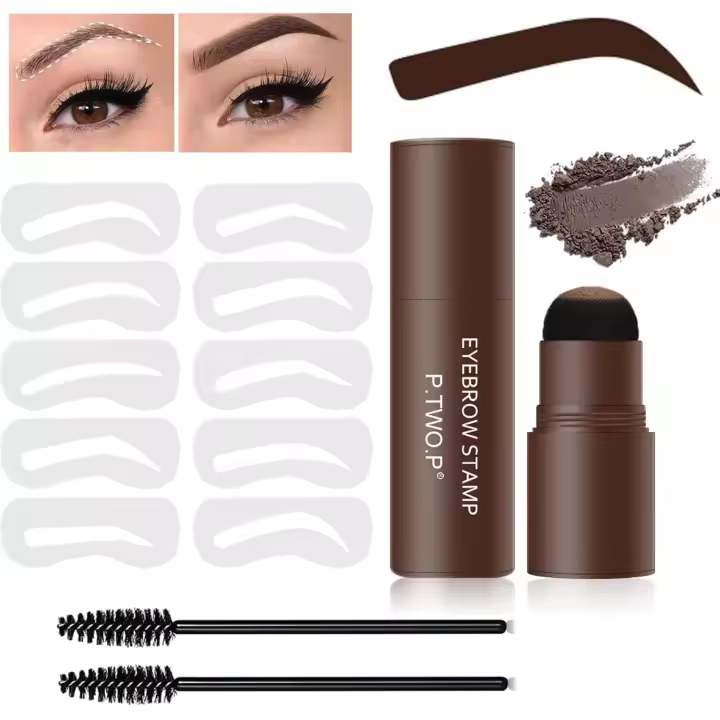 Kit de plantillas para cejas: Kit de modelado de cejas resistente al agua, sombra en polvo 3 en 1 para la línea del cabello, herramientas de maquillaje con 10 plantillas reutilizables (marrón oscuro) - 1