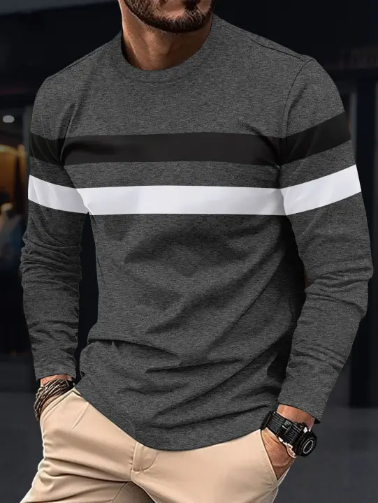 Camiseta De Manga Larga Para Hombre Primavera Otoño Moda Casual Cuello Redondo Splicing Antirrugas Ropa De Calle Top Secado Rápido - 1