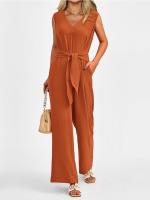 Traje De Mujer Elegante Y Moderno De Color Sólido Con Cuello En V Y Pierna Ancha Sin Mangas Traje De Verano Para Mujer - details 0
