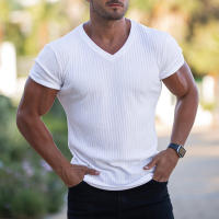 Camiseta De Hombre Con Cuello En V Y Manga Corta Para Fitness Y Gimnasio Verano Estilo Casual Color Sólido Moda Slim Fit - details 7