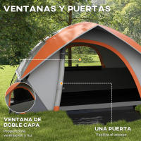 Outsunny Tienda de Campaña para 2 Personas Tienda de Camping Plegable Ligera Impermeable 3000 mm con Puerta Ventana Gancho y Bolsa de Transporte 210x150x110 cm Gris y Naranja - details 5