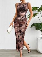 Vestido Slimming Sin Mangas Estampado De Moda Para Mujer Primavera Verano 2024 Cuello Redondo Con Rotura A-Line De Pierna Larga Estilo Playa - details 6