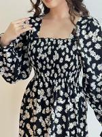 Vestido Midi De Mujer Casual Primavera Otoño Largo Manga Cuello Abierto Floral Impresión A-Line Vestido De Chiffón Con Cintura Elástica Y Cremallera En La Cintura - details 8