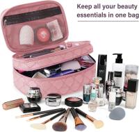 Bolsa de maquillaje para mujer, neceser portátil, grande, de doble capa, resistente al agua, color rosa - details 1