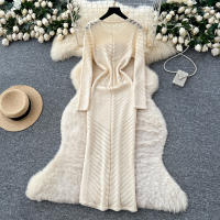 Vestido Largo Vintage De Cintura Alta REALEFT Para Mujer Con Cuello Redondo Manga Larga Y Abertura Lateral Vestido De Encaje Tricotado - details 4