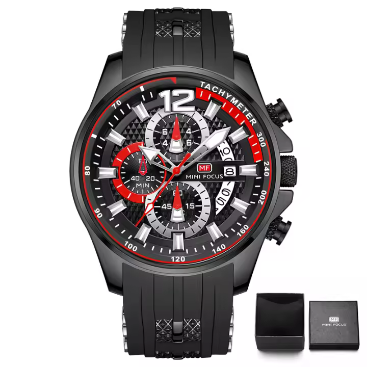 Reloj De Pulsera Deportivo MINI FOCUS Rojo Para Hombres Lujo Cronógrafo Cuarzo Con Correa De Silicona Manos Luminosas Fecha Resistente Al Agua - 1