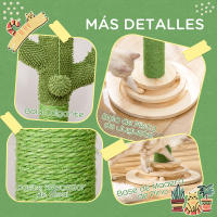 PawHut Poste Rascador para Gatos en Forma de Cactus Pequeño Árbol Rascador para Gatos con Poste de Sisal y Felpa Pelota Colgante y Base con Juego de Madera 32x32x60 cm Verde - details 4