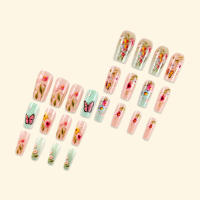 24pcs/set Uñas Postizas Largas Medias Falsas De Cuadrado Ballet Con Flores Y Mariposa Azul Verde Para La Temporada De Primavera Y Verano - details 46