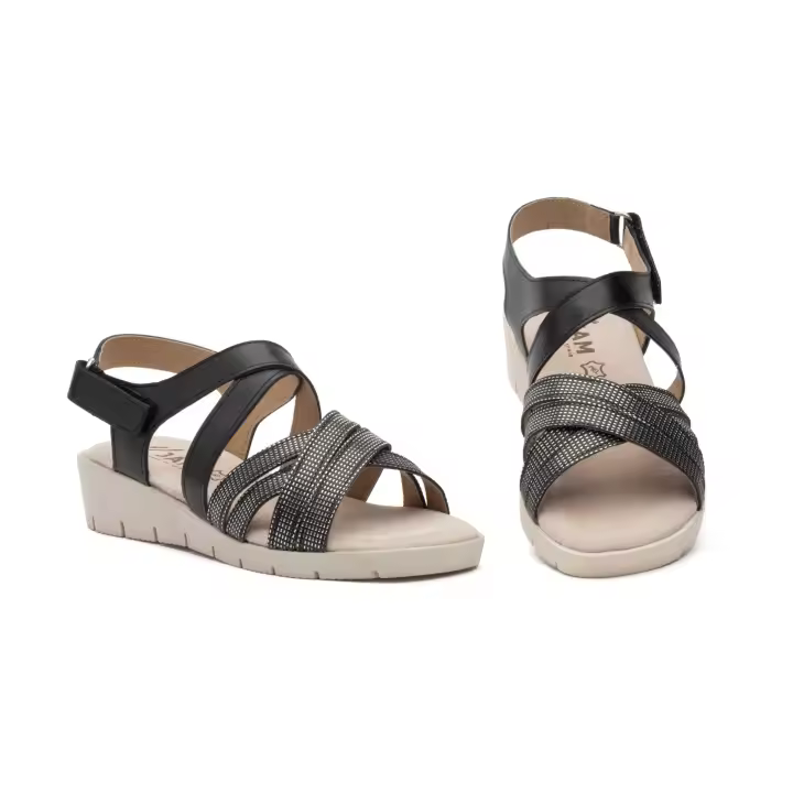 BL-834 Negro y Blanco Hecho en España Sandalias Mujer Piel Negro y Blanco  Numeración: 35-41 Marca: Calzados Bailen sandalia de tiras con cuña bajita planta de gel y cierre de velcro para mayor comodidad - 1