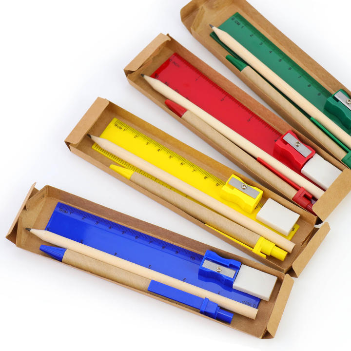 Pack de 12 a 42 unidades de set estuche escolar, incluye lápiz, goma, bolígrafo, sacapuntas y regla, regalos originales y prácticos para niños, detalles educativos y divertidos para la escuela, recuerdos útiles para celebraciones, Regalantes.com