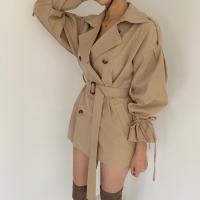 REALEFT Nueva Trencha De Mujer Marrón Gris Minimalista Otoño Invierno Con Cinturones Cuello En V Doble Botón Manga Flared Abierta Por Encima - details 4