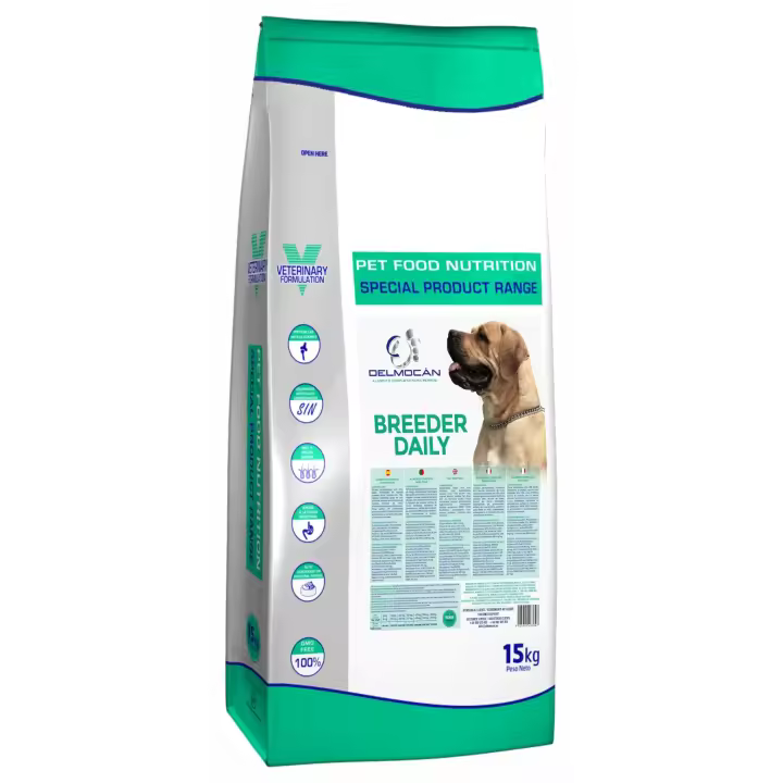 Pienso para perros DELMOCAN BREEDER DAILY, 15 kg con carne de pollo deshidratada y arroz integral de fácil asimilación - Alimento natural para perros de todas las razas y tamaños - 1