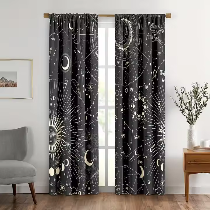 2pcs Cortinas De Constelación Zodiacal Astrología Fase De Luna Crescente Galaxia Celestial Gótico Tarot Polyester Translúcida - 1