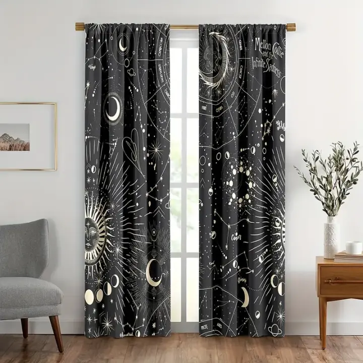 2pcs Cortinas De Constelación Zodiacales Astrología Fase De Luna Crescente Galaxia Celestial Gótico Tarot Polyester Translúcida Para Ventana - 1