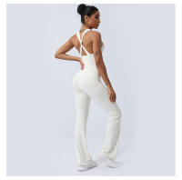 Conjunto De Yoga Para Mujer Con Padded Fitness Jumpsuit Cruzado En Espalda Y Pierna Flared Vestido De Entrenamiento De Correr Conjunto De Yoga De Nylon Talla Verdadera - details 7