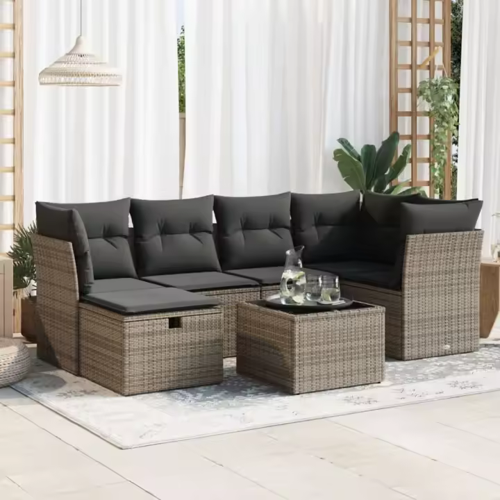 vidaXL Set de sofás de jardín 7 pzas con cojines ratán sintético gris - 1