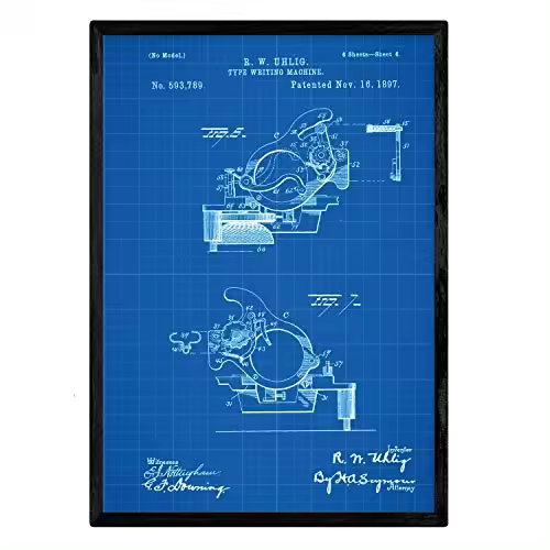 Nacnic Poster Con Patente De Piezas Maquina De Escribir. Lámina Con Diseño De Patente Antigua En Y Con Fondo Azul - 1