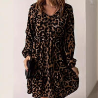 Vestido Largo De Manga Larga Con Estampado Leopardo Para Mujer Estilo Casual Europeo Y Americano Cuello En V Longitud De Rodilla - details 2