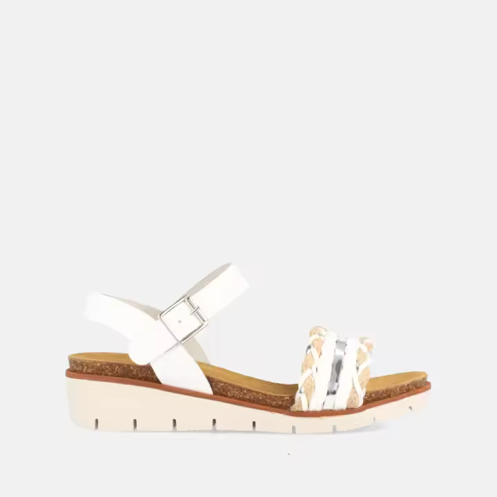MARILA SHOES Sandalia para mujer con cuña media combinada en rafia y piel en color blanco. - 1