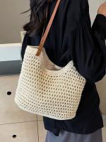 Bolso De Hombro Retro De Verano Con Bloque De Colores Y Hueco Bolso De Tela De Cuero Con Correa Tejida Gran Capacidad Casual - details 5