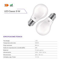 ORION91 PACK 4 BOMBILLAS LED SMD ESTANDAR Cristal CLASSIC 9W (=60W) 806lm E27 330º Blanco Cálido 3000K 15000h Nine&one - Ahorro Energético - details 0
