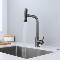 Grifo De Cocina Retráctil En Gris Y Negro Con 6 Modos Y Cabezal De Rociador Acero Inoxidable Mate Manillar Sencillo Montaje En Plato - details 3