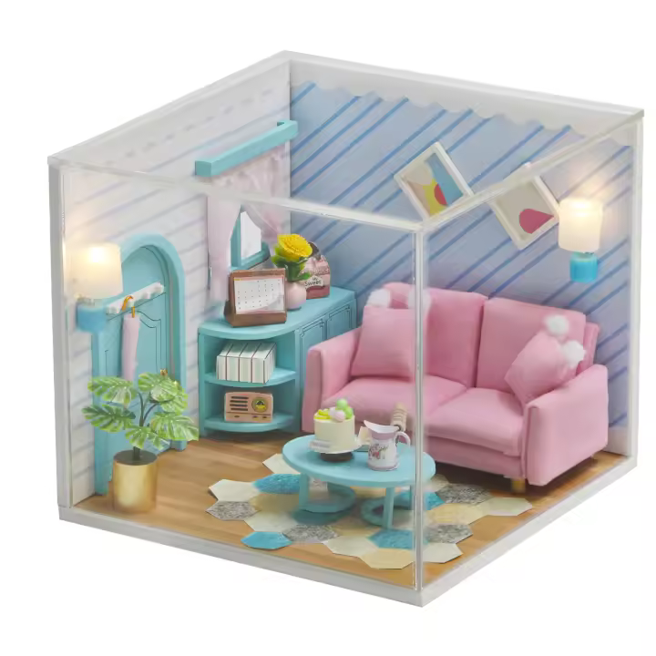 DAM. Sala de estar soleada. Maqueta 3D realista con gran detalle y luces led. Parte de la maqueta "Una casa con historia". 13x13x11cm. - 1