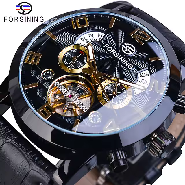 Reloj De Mezclilla Forsining Para Hombre Lujo Automático Mecánico Estilo Casual Mostrador Multifuncional Negro Dorado - 1