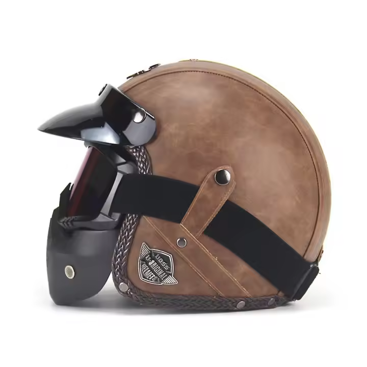 Pu Leather 3/4 Helmets Open Face Vintage Motorcycle Bike Helmet With Goggle Mask - 1