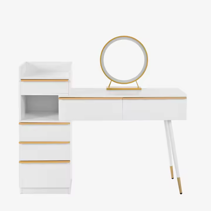 Cómoda with Espejo LED Iluminado Regulable (Luz Fría/Caliente) | 6 Cajones with Tiradores Dorados en Bronce + Mesita Extensible | Diseño Moderno Blanco Matt-102x100x41.5 cm | Ideal para Baño/Dormitorio - Sin Taburete, montaje Facil - 1