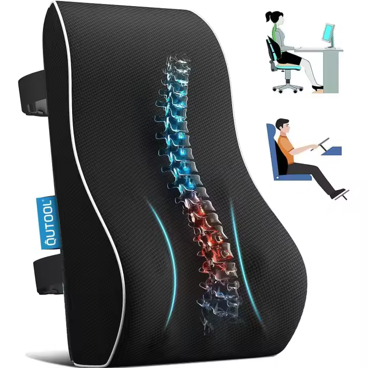 BIT Almohada de soporte lumbar para silla de oficina, automóvil, computadora, almohada de respaldo para silla de juegos, cojín de espuma viscoelástica, alivia el dolor de espalda, mejora la postura, cubierta de malla, correas de hombro ajustables dobles - 1