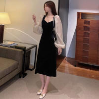 Vestido Elegante De Mujer Verano 2025 Chiffón Manga Aplanada Vintage Negro Veludo Cuello V A-Line Midi Moda Coreana - details 3