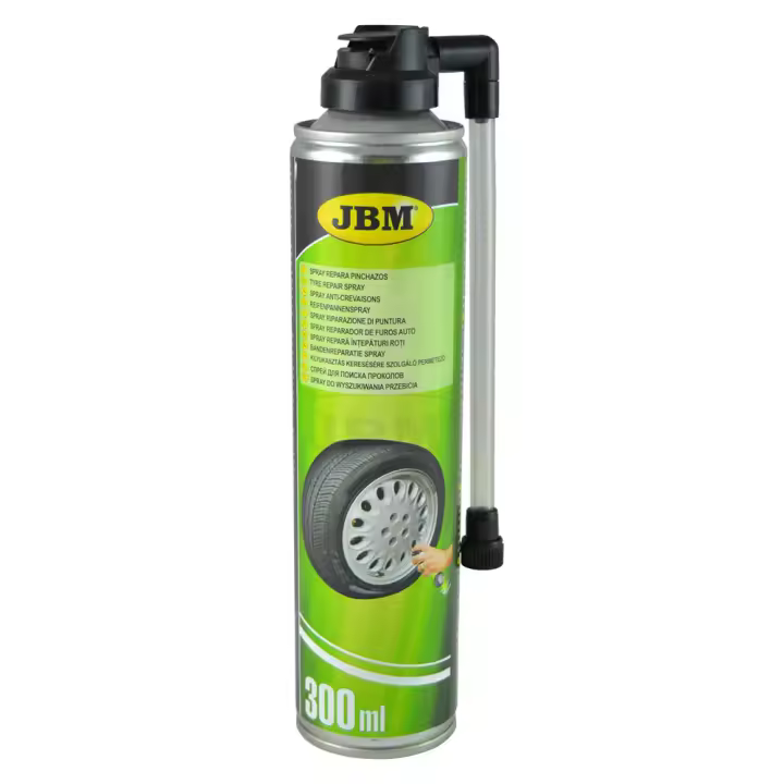 JBM 51814 SPRAY REPARA PINCHAZOS 300ML. Para arreglar el pinchazo en menos de un minuto sin necesidad de cambiar la rueda ni desmontarla. MÁS SEGURO Y MÁS RÁPIDO Capacidad: 300ml - 1