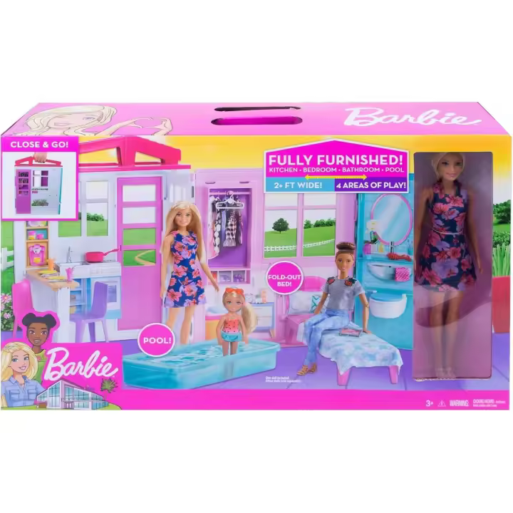 Barbie ,Casa amueblada plegable con cocina, piscina, dormitorio y lavabo incluye muñeca Barbie Mattel GWY84 - 1