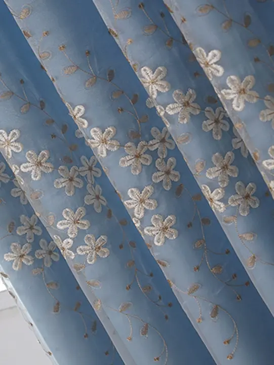 Cortinas De Blackout Estilo Countryside Con Estampado De Plantas Panel Medio Blackout Azul Para Sala De Estar Y Dormitorio - 1