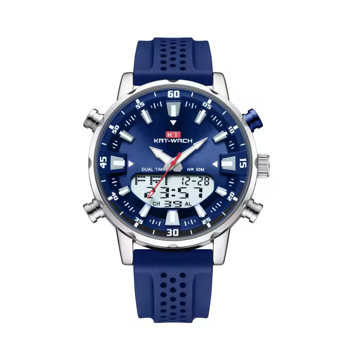 Reloj De Cuarzo Para Hombre KAT-WACH De Alta Calidad Resistente Al Agua Con Mostrador Analógico Y Digital Correa De Silicona Negro Regalo Para Padre - 1
