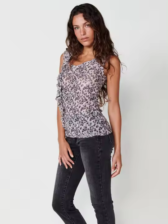 Koroshi Top con cuello asimetrico y estampado animal con detalle de tul elástico semitransparente en el frontal y placa metálica con logo Koröshi para mujer de color beige - 1